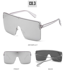 Three-angle view showing front, back, and side of oversized silver mirror sunglasses