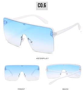 Detailed views of oversized blue gradient lens sunglasses with white frame from multiple angles