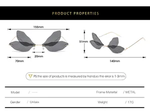 Detailed size guide for dragonfly wing rimless sunglasses with metal frame dimensions