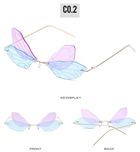 Three-way view of steampunk dragonfly sunglasses with gradient purple and blue lenses
