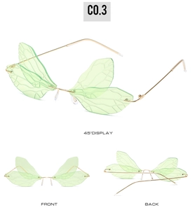Three-angle display of dragonfly wing rimless sunglasses with green gradient lenses