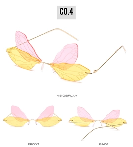 Detail of dragonfly wing rimless sunglasses with gradient pink and yellow lenses