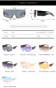 Detailed dimension chart and color variants of oversized shield sunglasses with rivets