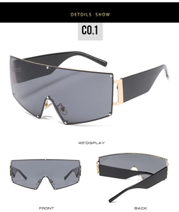 Three-angle view of oversized shield sunglasses with silver studs and black frames