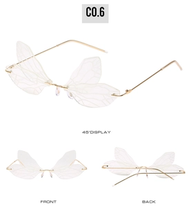 Three-way view of steampunk dragonfly wing rimless sunglasses with gradient lenses