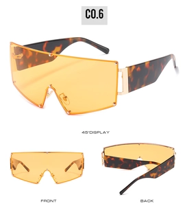 Detailed views of oversized rimless sunglasses with orange lenses and rivet accents