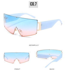 Detailed views of oversized rivet sunglasses featuring blue-pink gradient lenses and frames