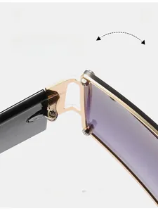 Macro shot of durable golden metal hinges on oversized gradient purple sunglasses