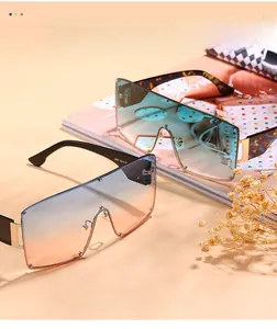 Detail of oversized shield sunglasses with blue and orange gradient lenses on fashion magazine