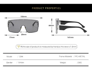 Detailed size guide and technical specifications for oversized wrap sunglasses