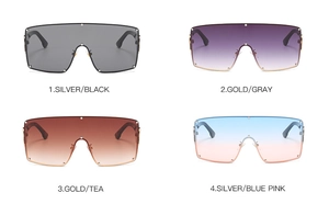 Four color variations of oversized wrap sunglasses with metallic studs and gradient lenses