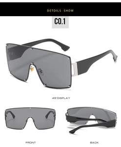Detailed multi-angle views of large shield sunglasses with silver metal temple accents