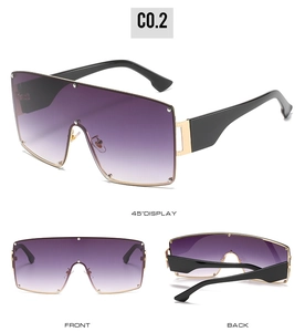 Detailed multi-angle views of oversized shield sunglasses with purple gradient lenses