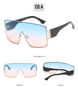 Detailed multi-angle view of oversized rimless sunglasses with blue-pink gradient lenses