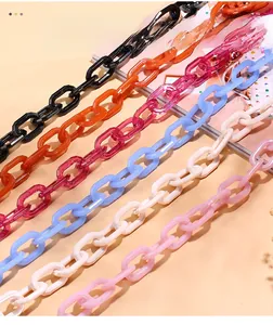 Detail showing acrylic chain links in black, orange, pink, blue, beige, and light pink