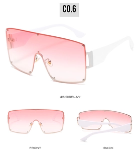 Detailed multi-angle views of oversized shield sunglasses with pink gradient lenses