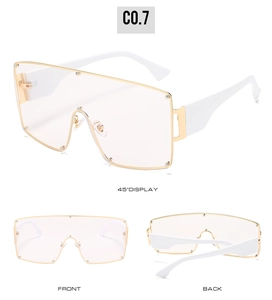 Detailed views of white oversized sunglasses with pink lenses and gold rivet accents