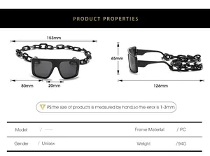 Detailed size chart for oversized square sunglasses featuring thick chain link temples