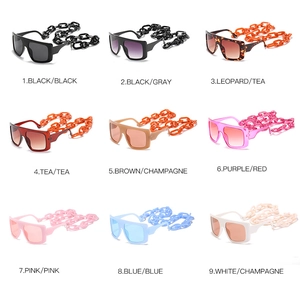 Detailed overview of oversized square sunglasses with thick decorative chain in nine colors