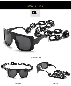Detailed views of black oversized square sunglasses with a matching thick chain strap