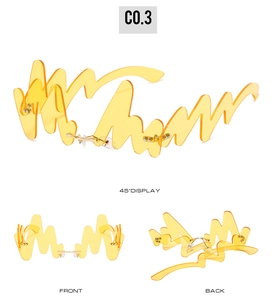 Front and side views of futuristic yellow wave-shaped rimless sunglasses with metal bridge