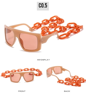Detailed views of hip-hop oversized square sunglasses with thick orange plastic chain strap