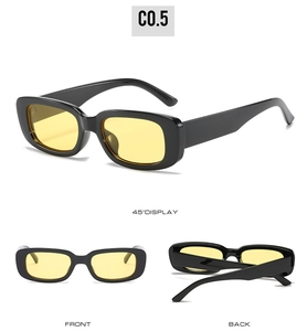Vue sous trois angles de lunettes de soleil ovales rétro avec monture noire et verres ambre