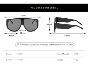 Detailed size specifications for unisex oversized one-piece sunglasses model 9095