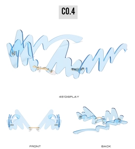 Three-angle view showing front and back of creative blue wavy rimless sunglasses