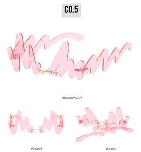 Multi-angle views of pink wavy rimless party sunglasses with gold metal bridge