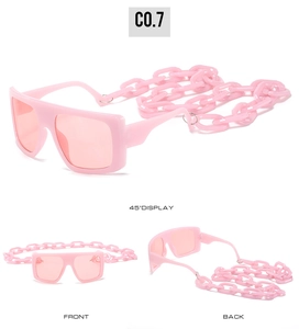 Pink oversized rectangle sunglasses with detachable chunky plastic chain detail