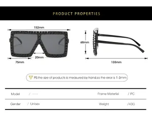Detailed size specifications for oversized square sunglasses with black rhinestone accents