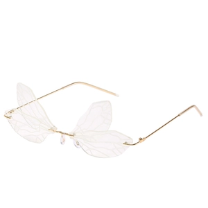Steampunk dragonfly wing rimless sunglasses with gradient lenses and gold metal temples