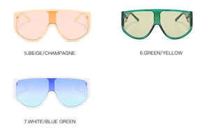 Detailed comparison of oversized shield sunglasses in beige, green, and white frames