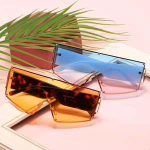 Fashionable oversized one-piece sunglasses with rivet detail and metal temples
