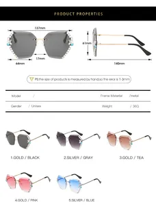 Tableau des tailles pour lunettes de soleil sans monture avec strass et spécifications