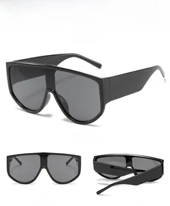 Detailed views of black flat top oversized shield sunglasses from multiple angles