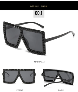 Detailed views of black oversized square sunglasses with sparkling rhinestone embellishments