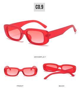 Détails de lunettes de soleil ovales rouges sous plusieurs angles avec monture