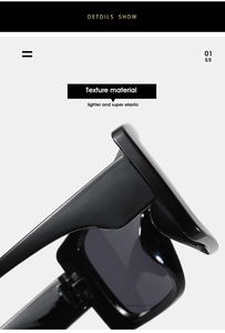 Detail view of lightweight flexible temple hinge on black oversized square sunglasses