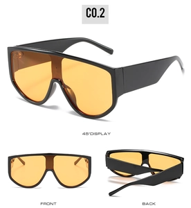 Three-way view of oversized shield sunglasses with black frames and orange lenses