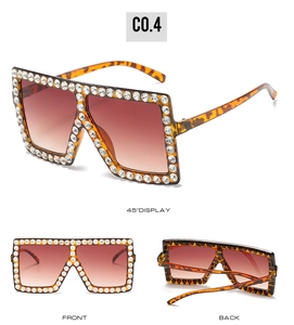 Multiple views of oversized leopard print sunglasses with rhinestones and gradient lenses