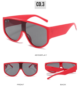 Three-angle display of oversized shield sunglasses with red frames and dark grey lenses