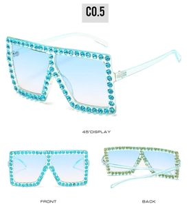 Three-way view of oversized light blue sunglasses with sparkling crystal-embellished frames