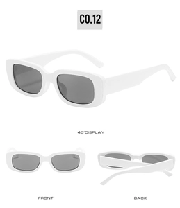 Trois vues de lunettes de soleil ovales rétro blanches avec verres gris foncé et monture épaisse