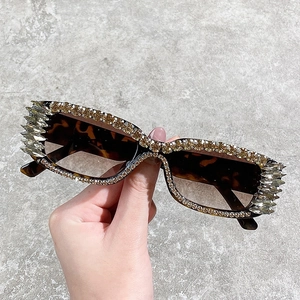 Unique rectangle sunglasses with gold rhinestones and tortoiseshell frame for women