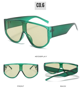 Three-view display of oversized green transparent sunglasses with yellow lenses