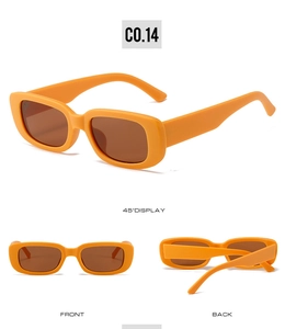 Trois vues de lunettes de soleil rectangulaires orange rétro avec verres bruns et monture épaisse