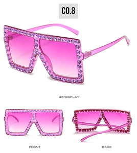 Detailed multi-angle views of square sunglasses with pink gradient lenses and purple rhinestones