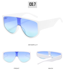 Detailed three-way view of oversized white frame sunglasses with blue gradient lenses